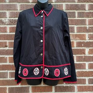 Ruby Rd Black Jacket Metallic buttons Red Piping Appliqués around Peplum Sz 12
